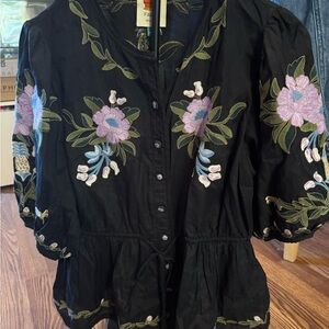 Farm Rio Women’s Black Embroidered Peplum Button-Up Ties at waist